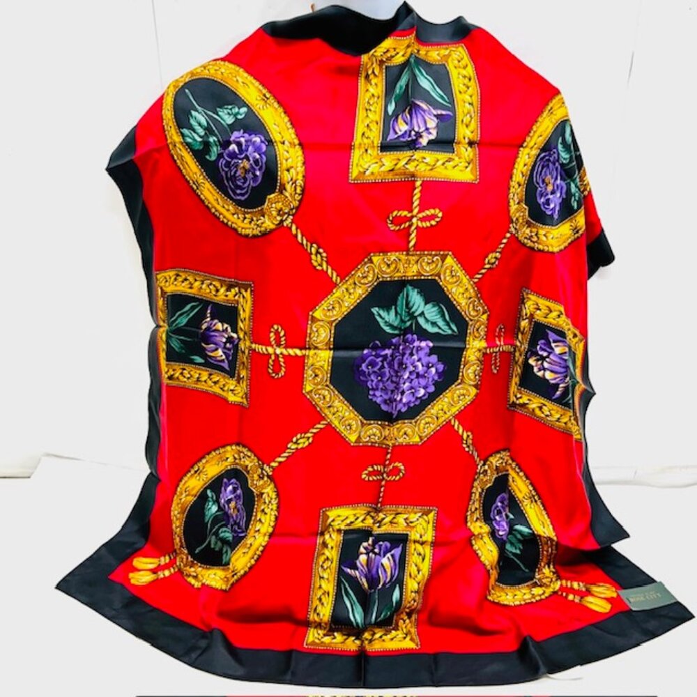 New with Tag On ROSE CITY 100% Silk Satin Lg 34" Black Red Green Gold Floral (14 - Picture 5 of 11